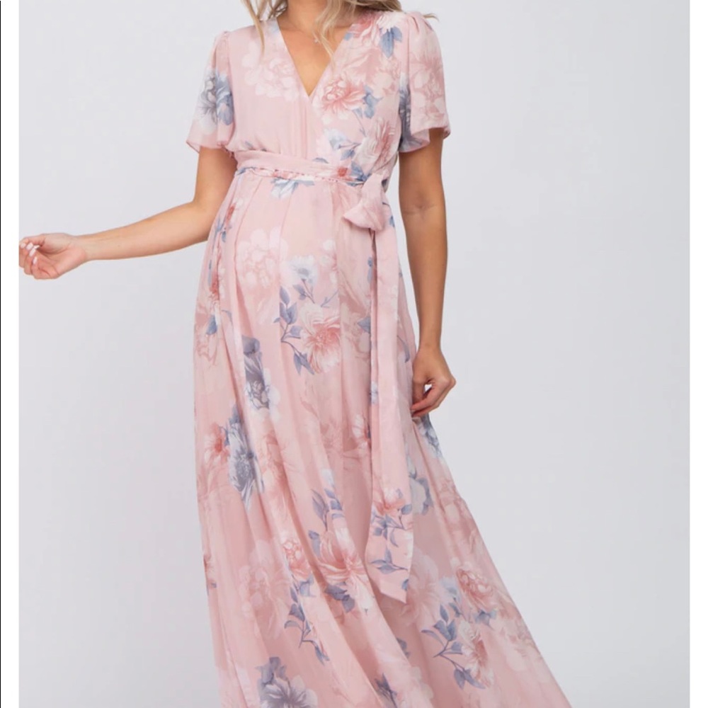 COPY - Pink Floral Chiffon Wrap Front Short Sleeve Maternity Maxi Dress- NEW